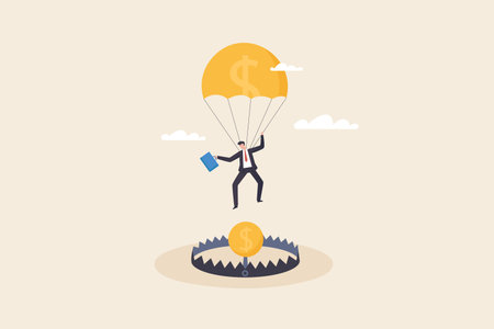 Financial money trap, Risk in investment, Businessman with parachute falling on money trap.のイラスト素材