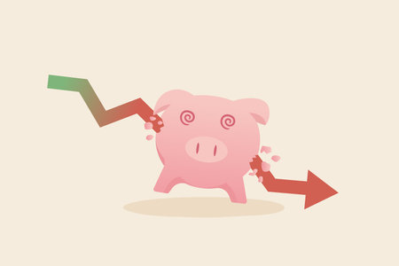 Money loss from investment , Economic crisis financial loss bankruptcy concept.
Broken piggy bank destroy by down arrow.のイラスト素材