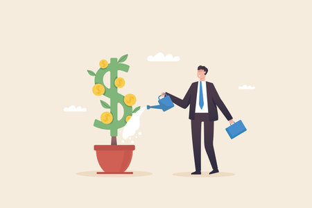 Growing Money. Investment growth. Profits from the stock market. Career growth. Businessman watering Investment plants with US dollar.のイラスト素材