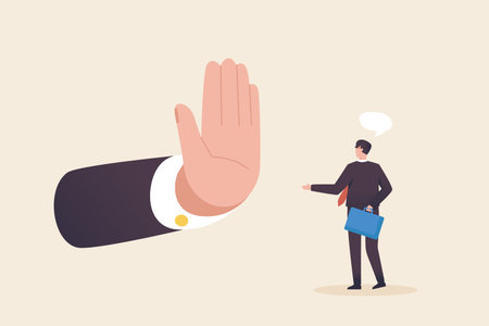 Arguments in the organization. Arguing to find a solution. Conflict and solution. Overcome giant boss hand stopping him.のイラスト素材