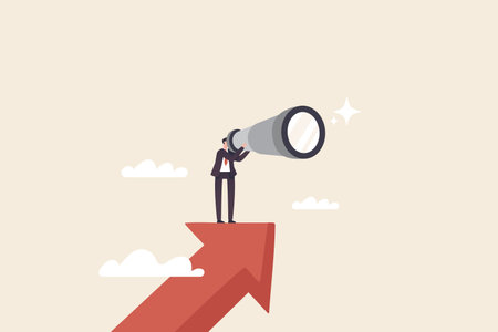 Business growth, vision and goals, Businessman holding a 
binoculars standing on   arrow up to career success.のイラスト素材