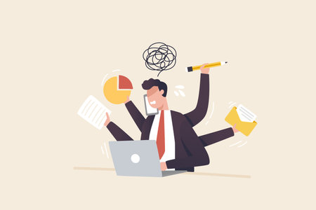 Businessmen with a lot of work and problems that need to be solved. 
Multitasking businessman with many hands.のイラスト素材