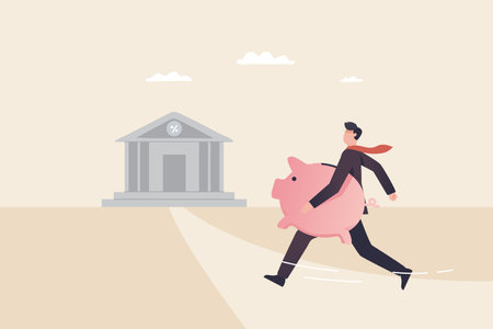 Bank account concept, banking, deposit, bank security,  fixed deposit, deposit interest. Businessman depositing money into bank.のイラスト素材