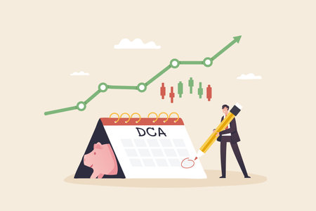 Saving stock, DCA, Dollar-cost averaging or 
Average cost investment. Invest in savings on a monthly, quarterly basis. Investors record stock savings date in calendar.のイラスト素材