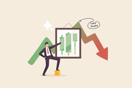 Profit point, Successful traders profit from investment trading. A young man or businessman stands to praise the success of making a profit.のイラスト素材