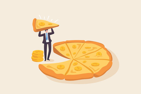 Financial or Money management, Mutual funds, return on investment, financial consolidation, budget planning, income growth concept. Businessman holding a slice of pizza with money coin face on toppingのイラスト素材