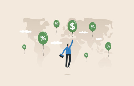 Global inflation crisis, world economics or the global financial crisis had a large impact The bubble bursts.  Inflation balloons with dollar and percent symbols.のイラスト素材