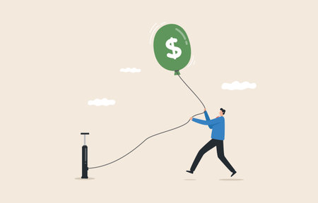 controlling inflation, monetary policy to reduce inflation or keep costs or expenses lower to maintain financial stability. A businessman tries to keep the dollar balloon from flying into the sky.のイラスト素材