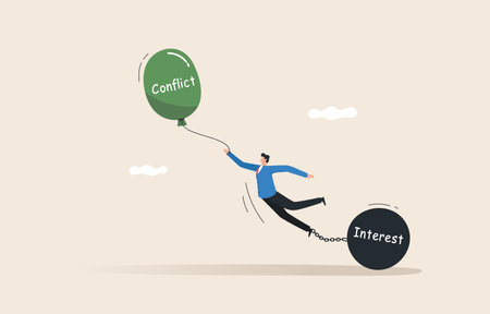 Conflict or interest. decision choice. Conflict management. 
Proof of vision in problem solving. 
Businessman tied up with balloons and pendulum.のイラスト素材