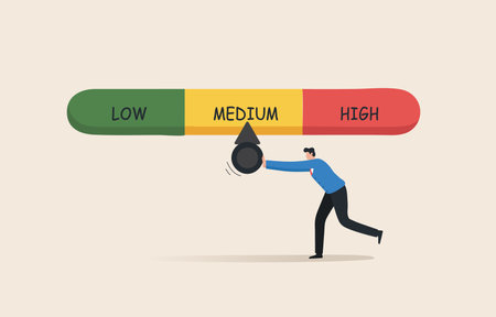 Crisis risk gauge. Risk stock, Finance, economy, inflation. Investment risk. Financial or business risk management.  Businessman tries to push the needle lower.のイラスト素材