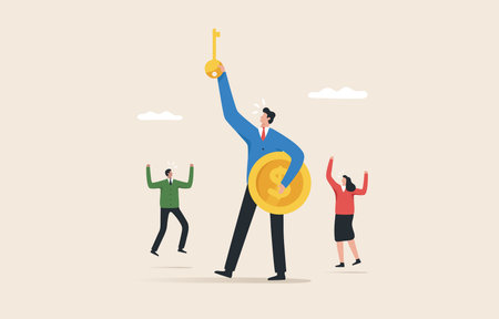 The key to financial success. Vision of leadership in finance and investment. The success of a business or organization. Company profit. Leaders and employees discover the key to success.のイラスト素材
