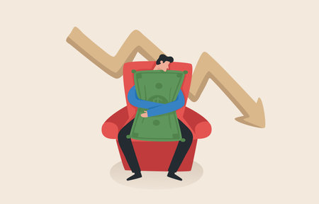 Protect your personal finances. Save money in an economic downturn. Manage income, expenses and taxes. financial belt. Financial insurance in times of economic crisis. young man hugging cash.のイラスト素材