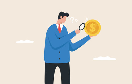 Questions about investment finance. Capital management options. Management of funds or assets. Risk management. Profit, Liabilities, Stock Market. Young man using a magnifying glass to look at dollar coins in his hand.のイラスト素材