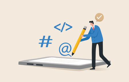 Smart contract concept. Digital process that pre defined automated transaction procedures without relying on an intermediary. Writing emails, signing contracts, online transactions. A businessman or programmer writes something on a tablet.のイラスト素材