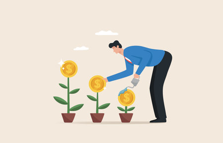 Profit growth. Divide your investment portfolio into sections. Manage your investments with stability and wealth. A businessman waits for the seedlings to grow.のイラスト素材