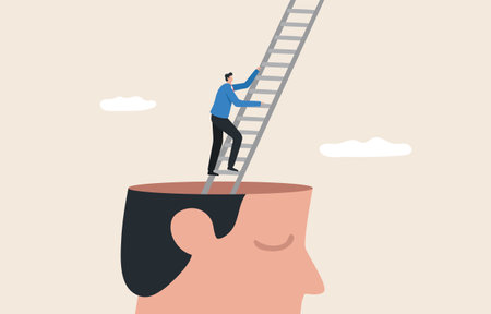 Overcome your limits. crosses the limit of thought. Transcending the limits of learning. Overcome success. looking for new challenges. Young man climbed the stairs from the giant head.のイラスト素材
