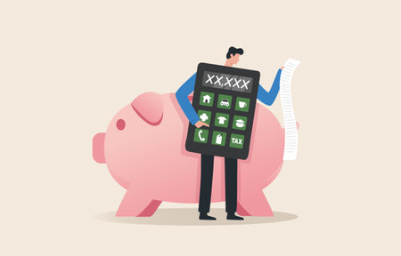 Monthly cost or budget. Bills to pay, home loans, cars, consumer goods, apparel, miscellaneous, tax payments. Personal finance management. A young man calculates his monthly expenses with a calculator.のイラスト素材