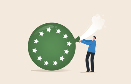 European recession. Inflation in the euro area. The bubble that is bursting from economic poisoning. Businessman tries to seal a bubble balloon with a European star symbol.のイラスト素材