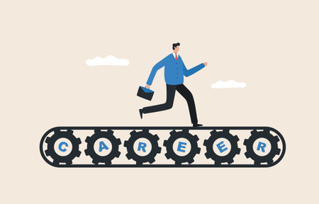 Career path, career advancement opportunities. Stage of career growth, promotion. Businessman or male employee running on a cog.のイラスト素材
