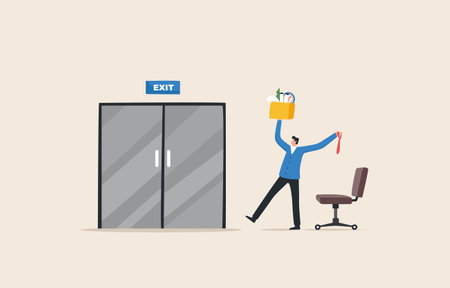Resignation from the company. Gen Z  resignation.   millennials change jobs often. Submit a resignation letter. The employee resigned and walked towards the exit door.のイラスト素材