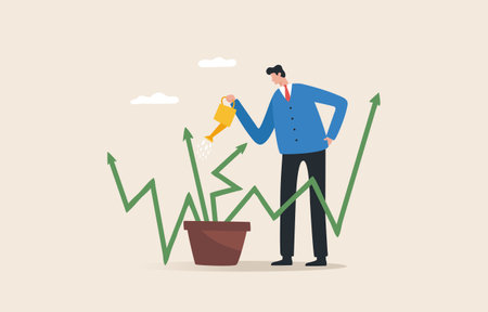 Business growth. Bringing businesses into the stock market. Growth of a company or fund. Investing for long term results. A businessman waters down a green graph into a plant pot.のイラスト素材