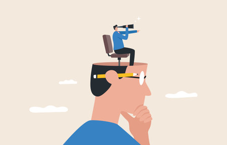 Looking forward to the future is a strategic vision from leadership. looking for business opportunities or career growth. businessman with binoculars on large head.のイラスト素材