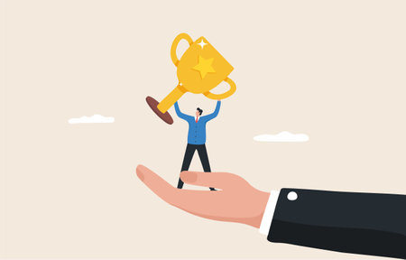 Success acquired through support. Motivation from work. Promotion in a career. boss support or to work together. Businessman stands holding a trophy in a giant hand.のイラスト素材