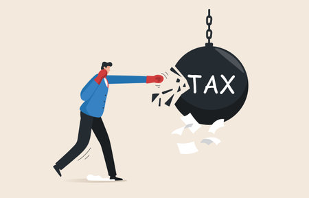 Tax payment. Tax relief. government policy.  Businessman fighting with steel pendulum text word tax.のイラスト素材