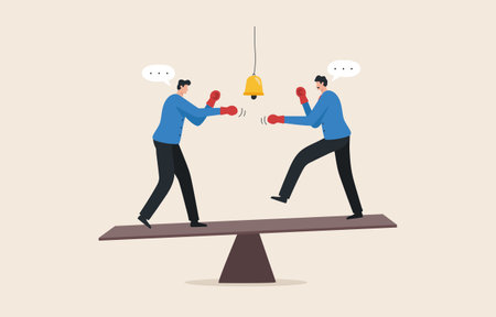 Competitive business people. market share percentage. Quarrel with coworkers. Businessman with red...