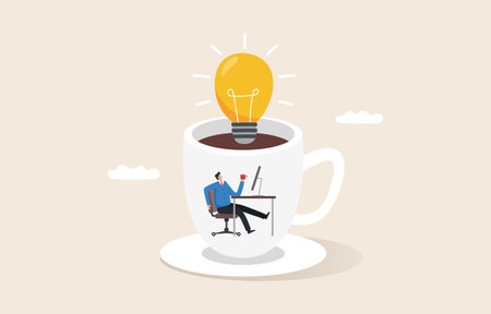 Coffee break with light bulb idea. 
Creativity or new Inspiration. work with hot drink. Planning with brainstorming. Employees sit and drink coffee in a giant cup.のイラスト素材