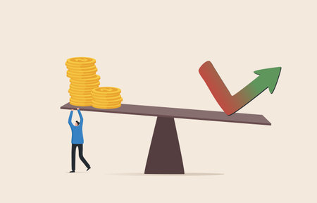 Leverage investing. Buying shares through a credit balance account. Fund management is both an opportunity and a risk. Businessman Balancing Stacked Coins With on Wooden Seesaw.のイラスト素材
