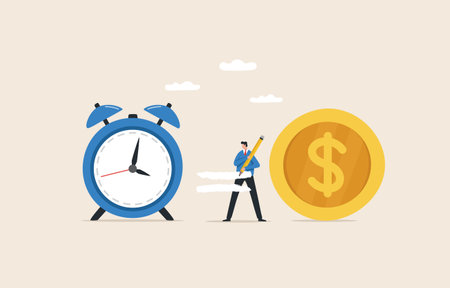 Time is money concept, time value of money, save time, Money saving.Time management. A businessman writes an equal sign in the middle between the clock and the dollar coin.のイラスト素材