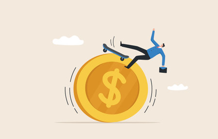 Exchange rate changes. Inflation, interest rates, economic crises. Government monetary policy adjustment. Businessman is surfing or skateboard on coins.のイラスト素材