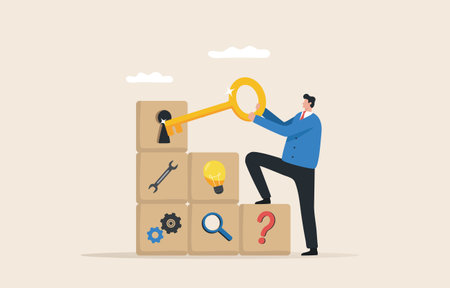 The key to successful process improvement. Main business direction Successful career goals and strategies. 
Leading the process of working towards the goal. 
Businessman with gold keys.のイラスト素材