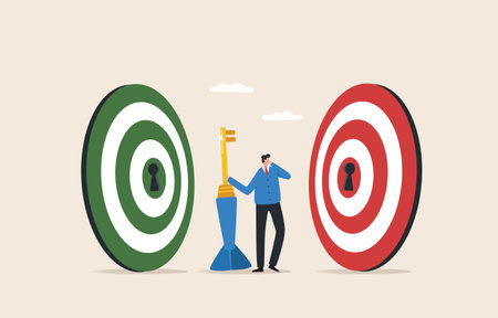 Business goals. Deciding on the choice of goals or target. Concentrate on business objective. Use strategies that match  business goals. A businessman holding a giant key is deciding to aim at a large target.のイラスト素材