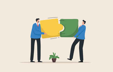 Partnership with puzzles. Connecting puzzle pieces is the solution. Business connections or relationships with colleagues. Two businessmen are connected by a puzzle.のイラスト素材