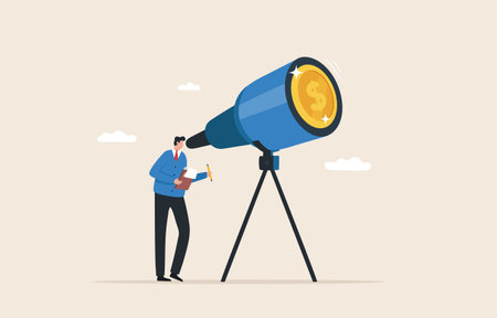 Look for a financial future or investment opportunity. Research Find investment information. Expand the scope of investment to foreign countries. Financial predictions. Business investors look through telescopes to see the dollar sign.のイラスト素材