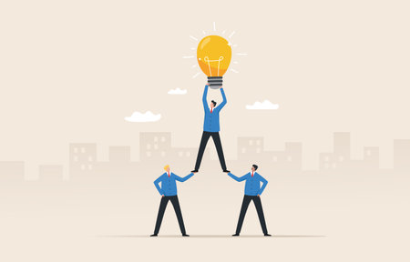 Teamwork creative success. Innovative ideas to drive teams. unity of employee. Team of businessmen hold a large light bulb.のイラスト素材