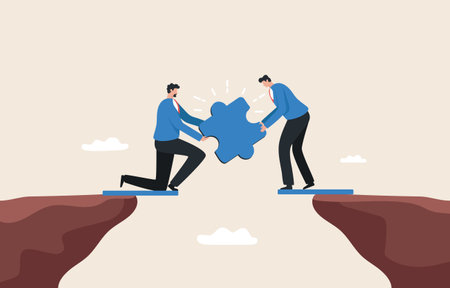 Business challenge solution. ability to overcome the crisis. Jigsaw puzzle for success. Two businessmen connect a jigsaw puzzle to form a bridge.のイラスト素材