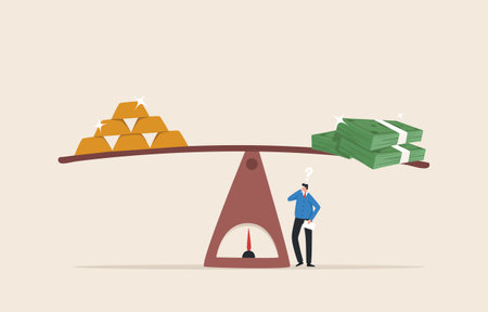 Invest in government bonds and gold. 
Financial planning. Balance in investment choices. 
Wealth management and asset allocation concepts. Banknotes and gold on a seesaw.のイラスト素材