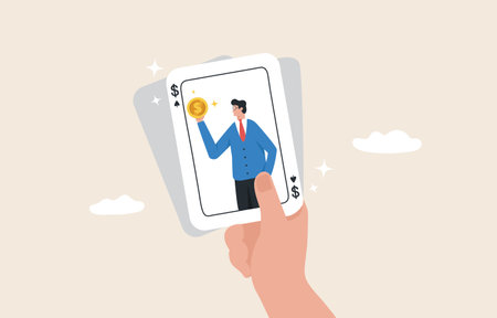 Money game, Gambling risk. Small investment in hopes of getting more profit. 
Business finance, fundraising, stock market, banking. Win the game. Businessman King Playing Card.のイラスト素材