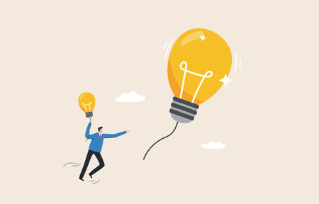 Big ideas. looking for ideas or new inspiration. Search for new business opportunity. businessman flying with lightbulb idea.のイラスト素材