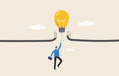 Overcome limits. Challenge ideas and abilities. Break the boundaries to freedom. 
Concept of overcoming barriers, goal, target.  Businessman entrepreneur flying with lightbulb idea.のイラスト素材