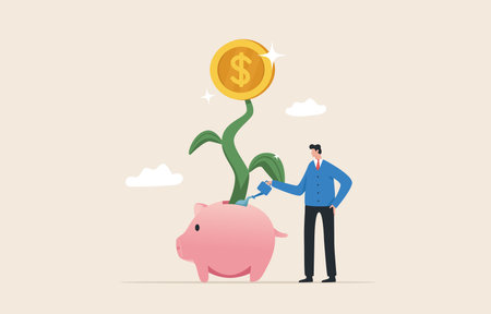 Growth investing is an investment or income. strategies and techniques across asset types.  success in wealth management. 
Businessmen, investors water the money planted from the piggy bank.のイラスト素材