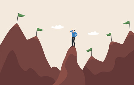 Ambition towards success and achieving great goals. Career growth or business goals. A challenge that must be braved to face. Businessman reaches the top of the mountain with a flag goal.のイラスト素材