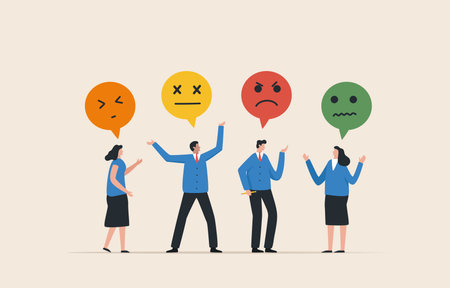 Conflicts at work. Team with feeling. Managing Conflict in Meetings. tension and conflict. Business people standing and emotional.のイラスト素材
