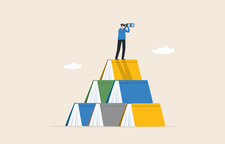 The way forward. Knowledge of the future.  Knowledge gained from education. Skill development for career or business. reading success. Businessmen on stacks of great books for good vision.のイラスト素材