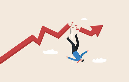 Economic downturn. Impact of the economic and financial crisis.  graph falling down. 
financial collapse. Businessman falling from the red graph chart.のイラスト素材