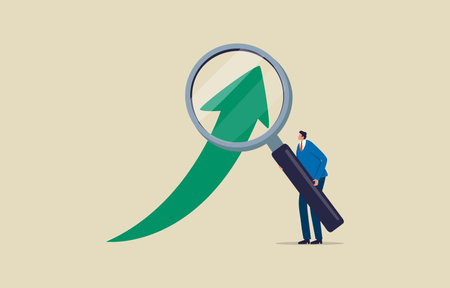 Profit and Company growth. Analyze data for insight information. Businessman using a magnifying glass to look at the green arrow graph. Illustrationのイラスト素材