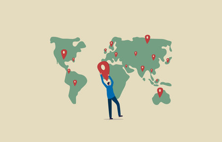 Global expansion strategy. Grow business in a global. Businessman putting pin new branch on global world map. Illustrationのイラスト素材
